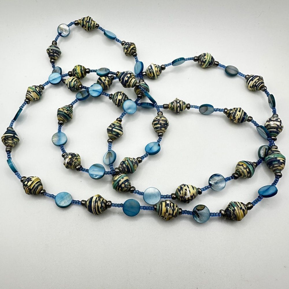 46" paper beads, blue mother of pearl beads‎ and seed bead necklace!